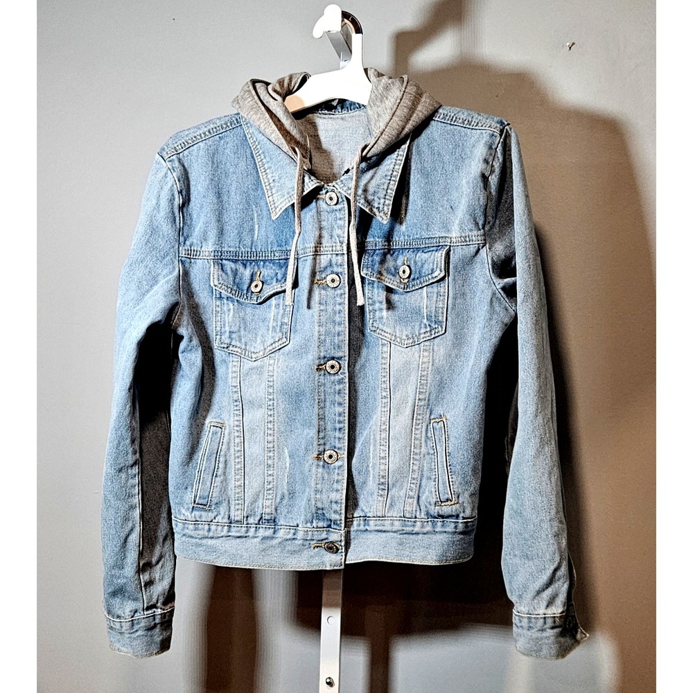 Unbranded Size XL Lightly Distressed Denim Jacket w/Detachable Hood Light Wash